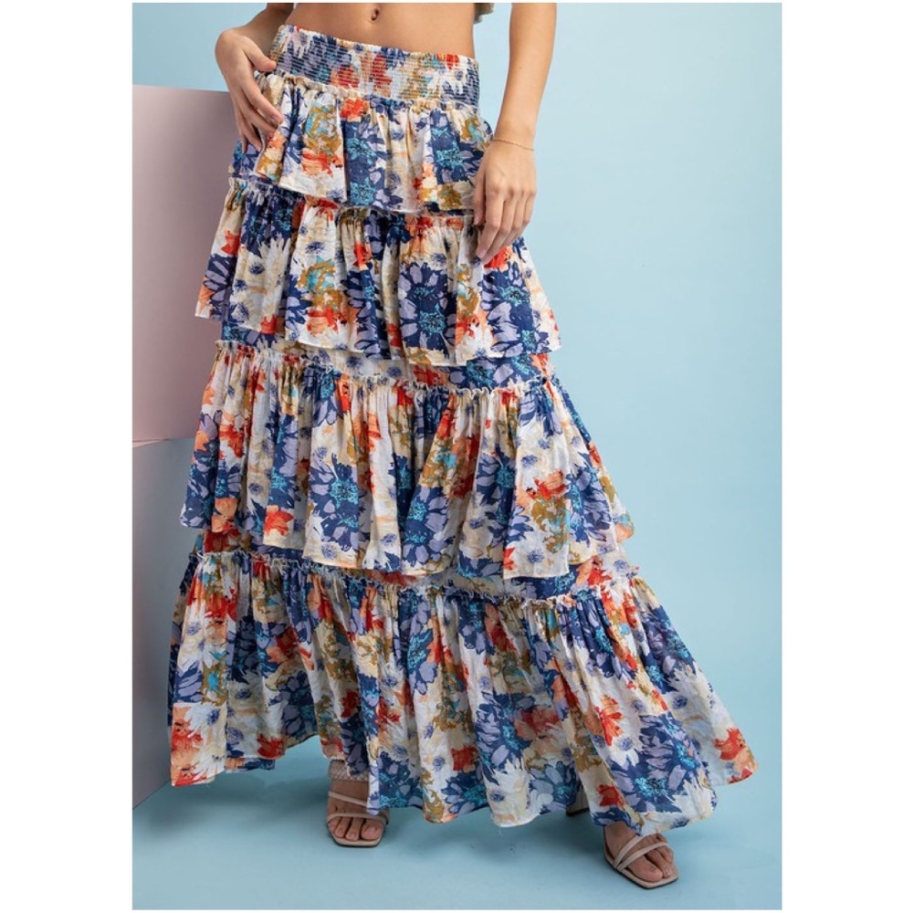 029 Boho Floral Tropical Print Smocked Waist Maxi Skirt